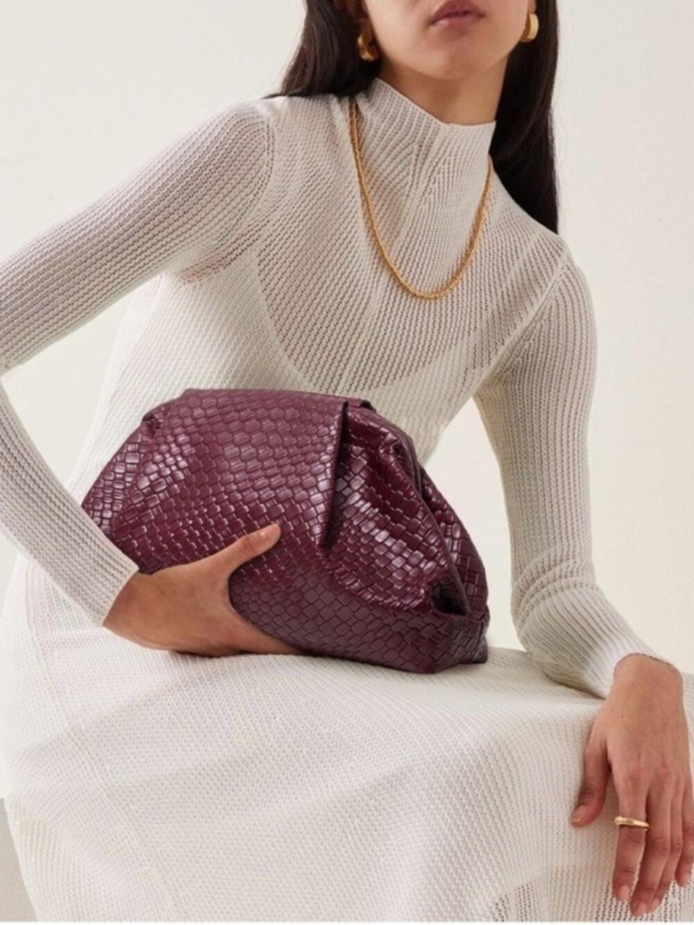 Luxury Burgundy Woven Leather Clutch Bag Elegant Oversized Evening Handbag